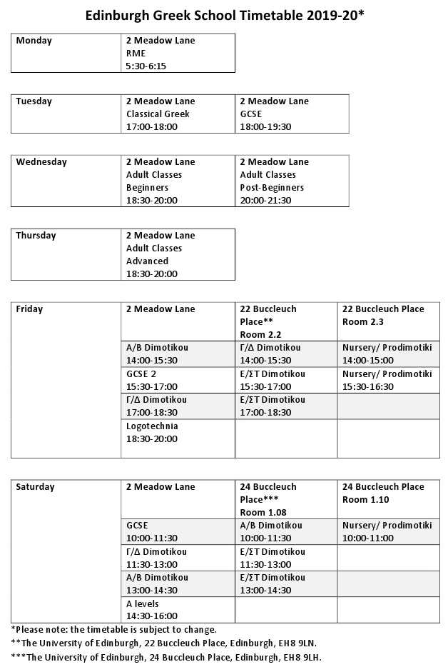 Edinburgh Greek School Timetable